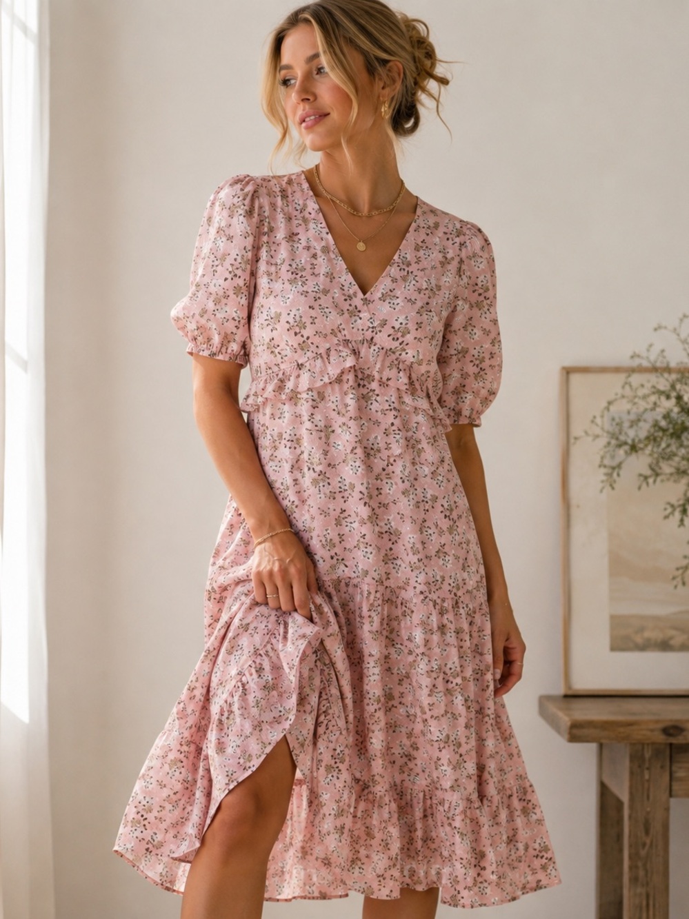 Pink Floral Ruffle Midi Dress Cottagecore Garden Party